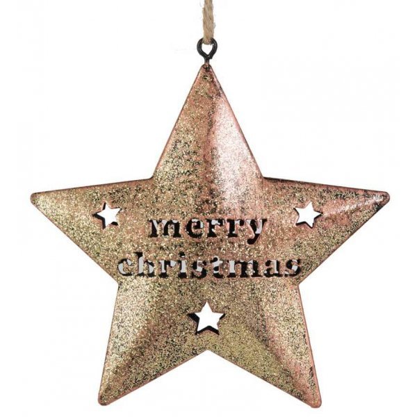 Χριστουγεννιάτικο Κρεμαστό Μεταλλικό Αστέρι Χρυσό, "Merry Christmas" (12cm)
